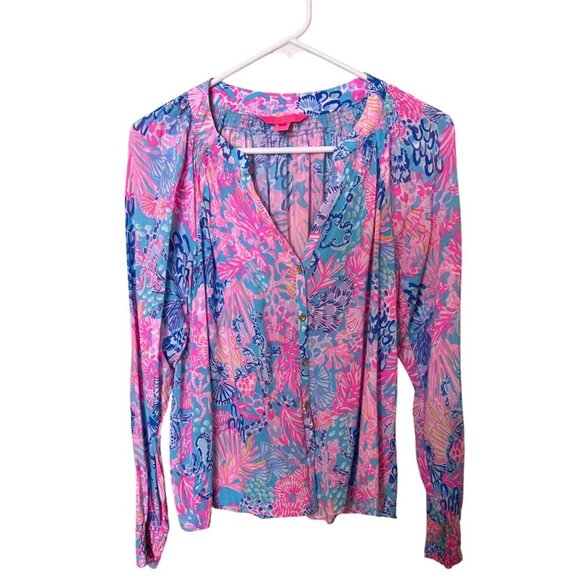 Lilly Pulitzer Nolena TOP XS  Button-Front Long Sleeve Beach Vacation Tropical - Picture 1 of 11
